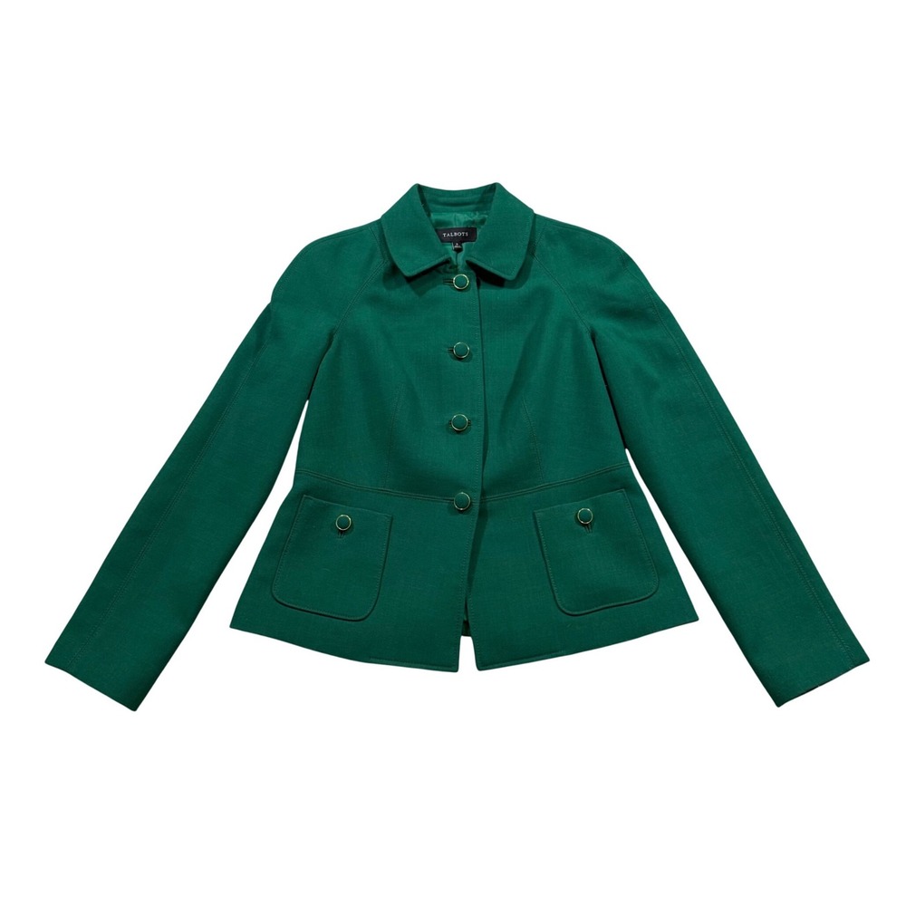 Talbots Green Gold Button‎ Sleeve Blazer Wool Blend Old Money Office Career 6